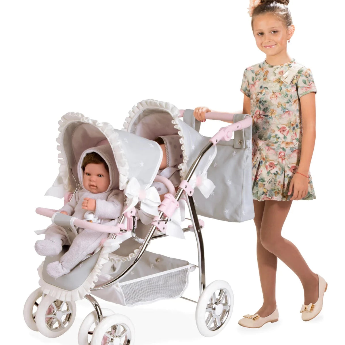 40672 Grey with Pink Twin Pram Lullabys Baby