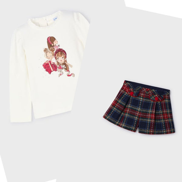 Mayoral Girls Set With Checked Shorts & Long Sleeve Top