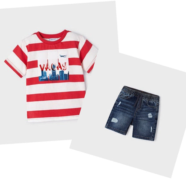 Mayoral Boys Striped T-Shirt Set With Denim Shorts