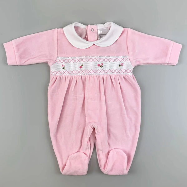 Pex Pink Rose Smocked Velour Sleepsuit