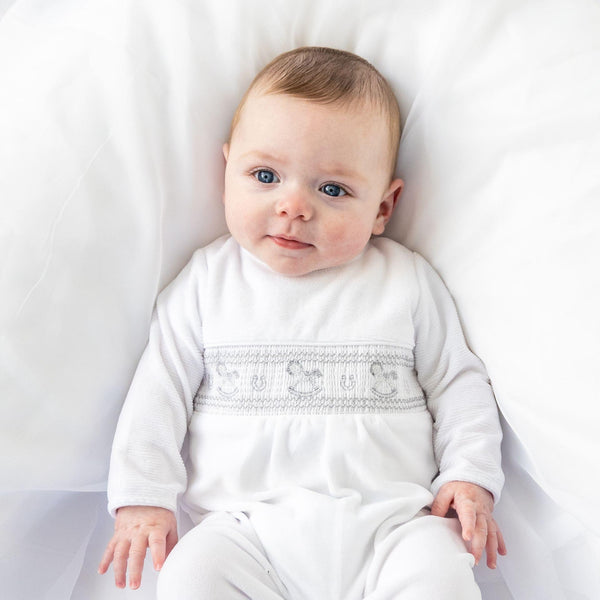 BluesBaby White Velour Smocked All In One With Rocking horse Detail