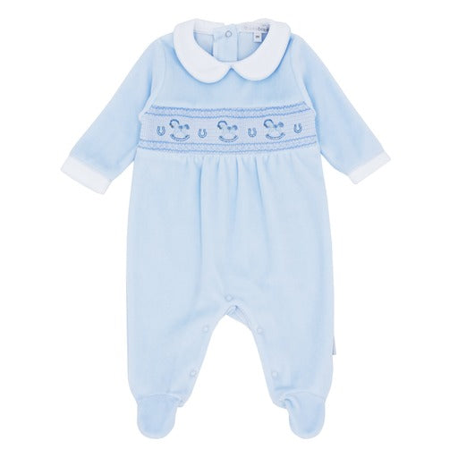 Bluesbaby Blue Smocked Velour All In One with Rocking Horse Detail