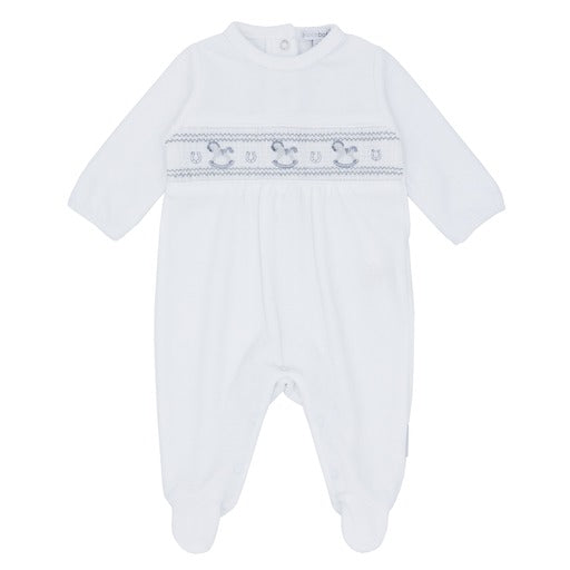 BluesBaby White Velour Smocked All In One With Rocking horse Detail