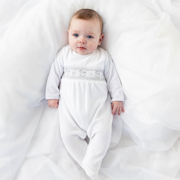 BluesBaby White Velour Smocked All In One With Rocking horse Detail