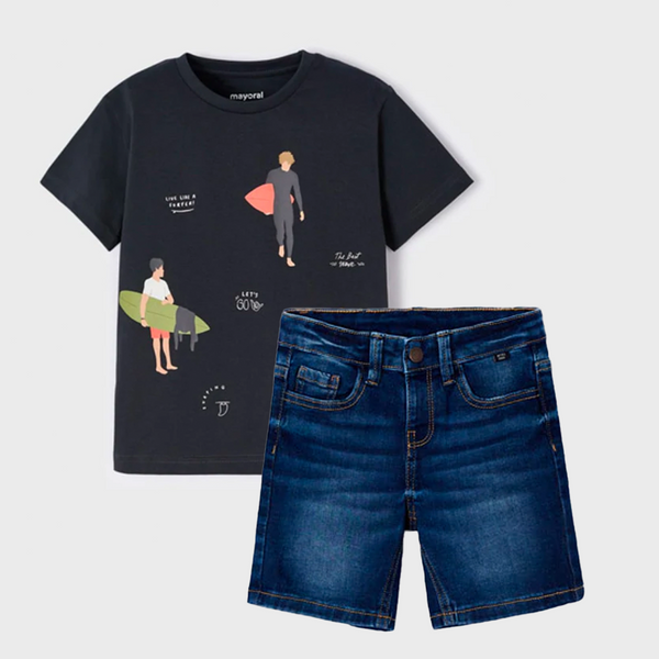 Mayoral Boys Black T-shirt and Denim Shorts Set