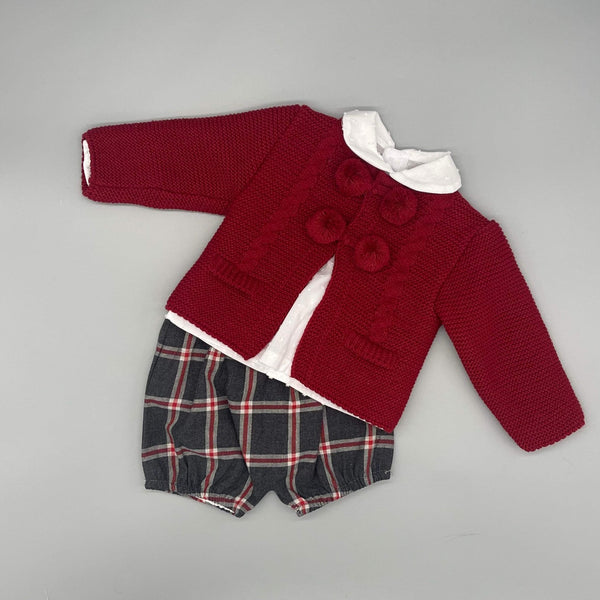 3pc Boys Pom Pom Cardigan, Shirt & Checked Shorts Set