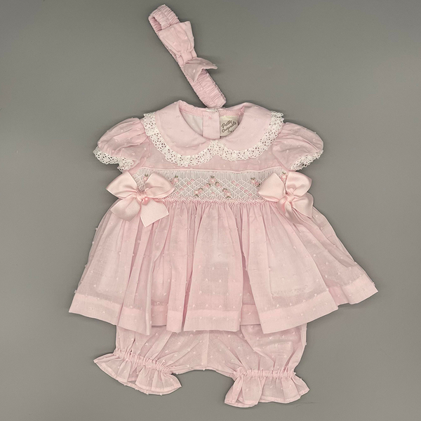 Pretty Originals Smocked Pink Dress With Bloomers And Headband